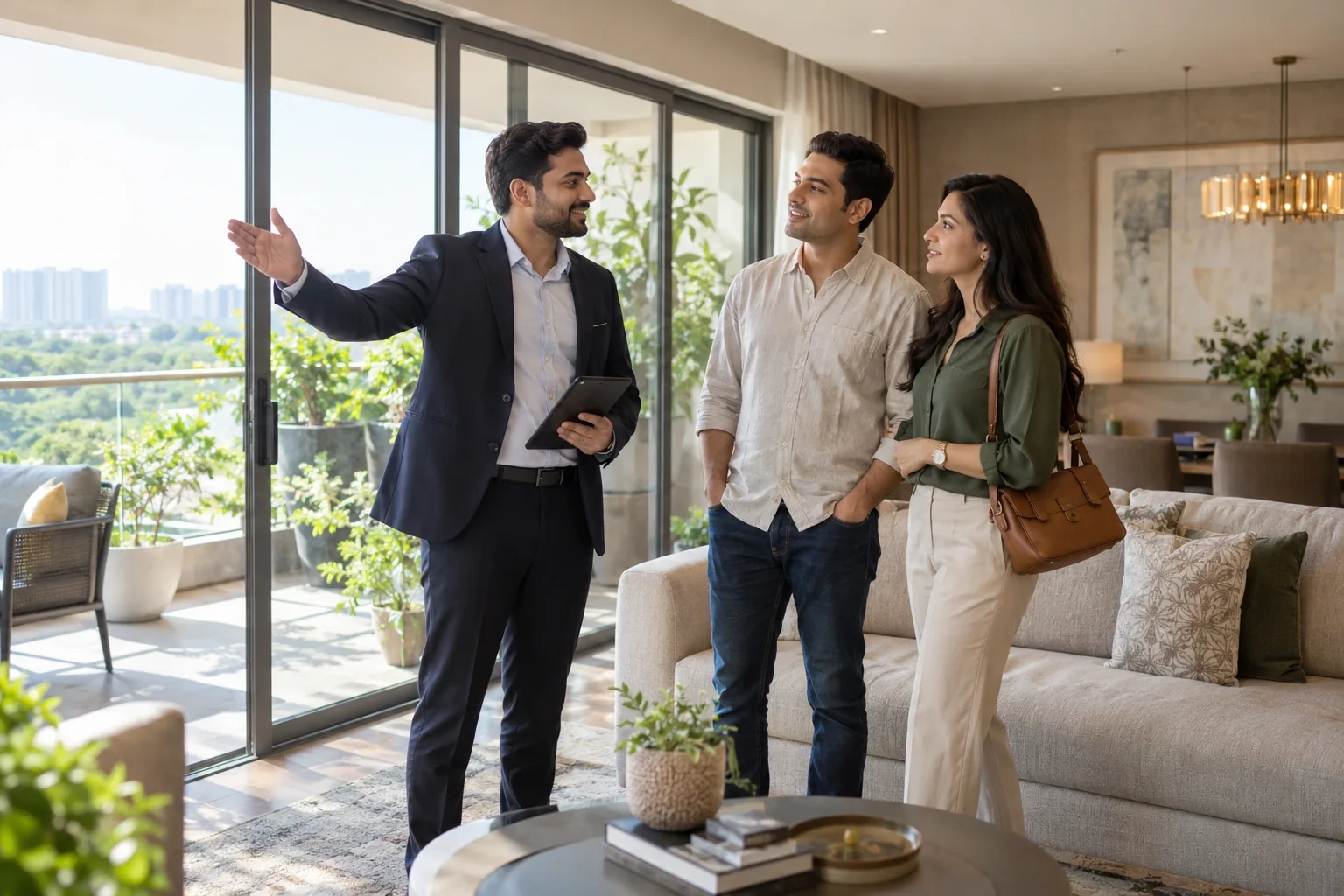 An Indian property consultant showing an adult couple a sunlit contemporary apartment, balcony greenery and elegant understated furniture, candid conversation.