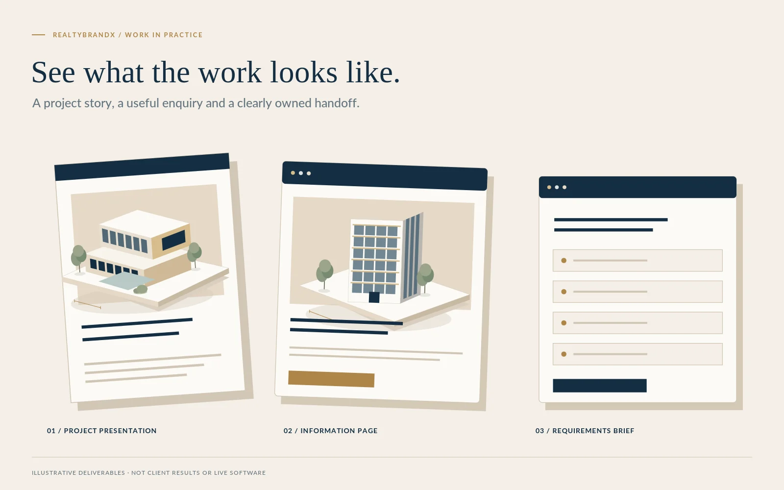 Illustrative deliverables: project presentation, information page and requirements brief